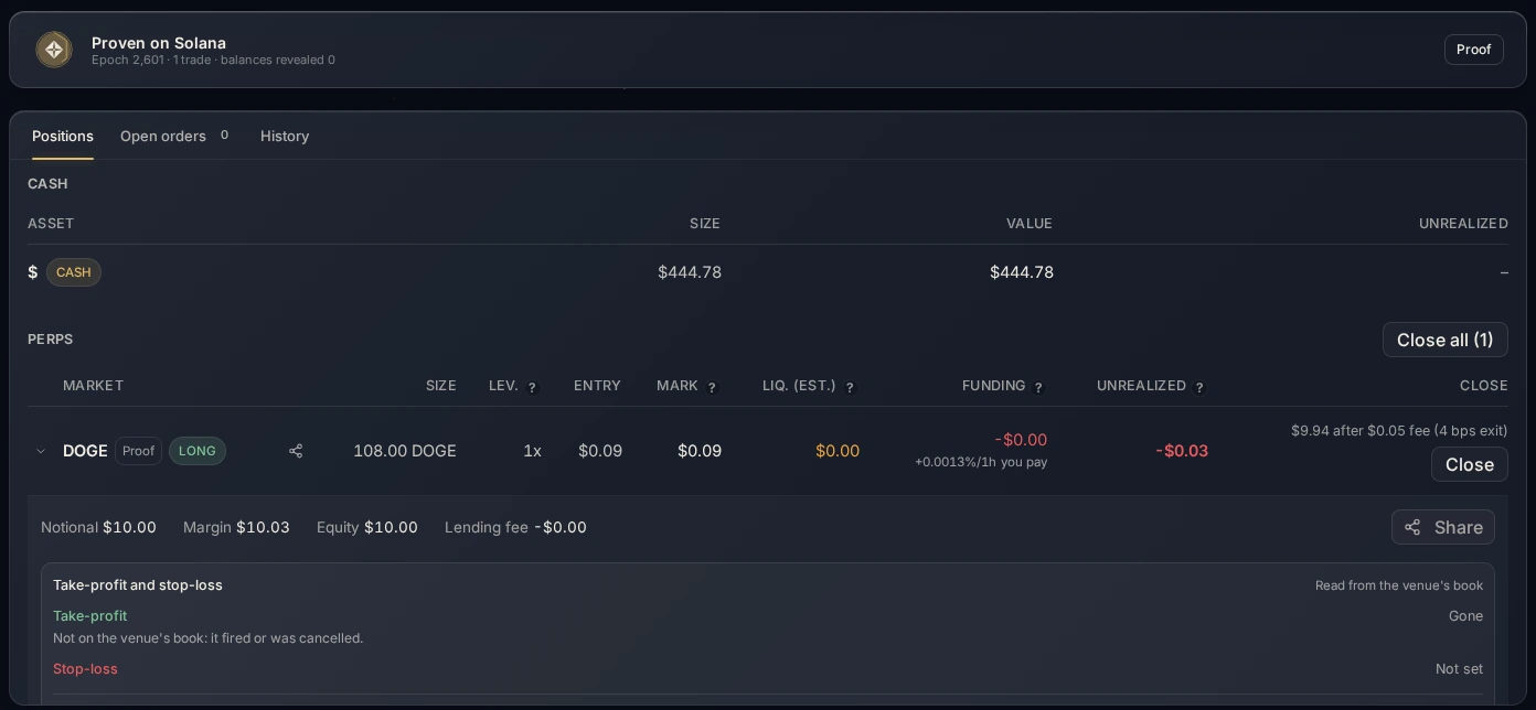 The Sirius portfolio: Proven on Solana, epoch 2,601, balances revealed 0, above the positions panel where the DOGE long carries its own Proof.