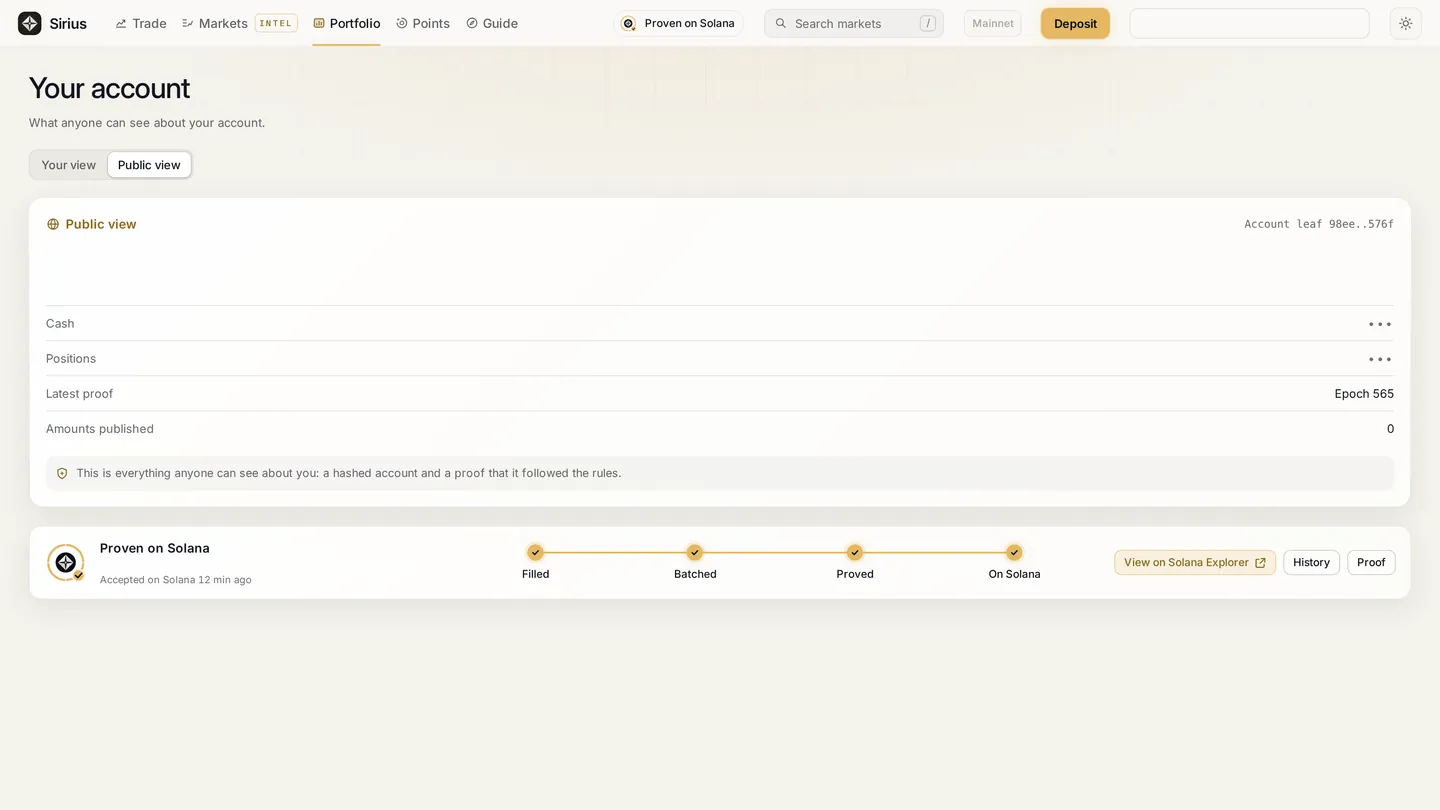 The Sirius portfolio, public view, in Daylight: what anyone can see about an account, amounts published 0, and the Proven on Solana steps from Filled to On Solana.